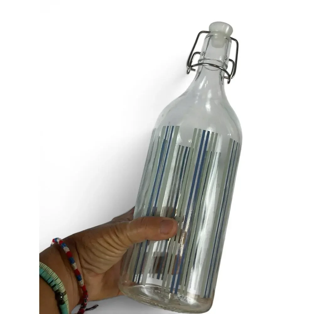 Set Of 2 Retired IKEA KORKEN Glass Bottles w/ Stopper Blue Green Floral Stripes